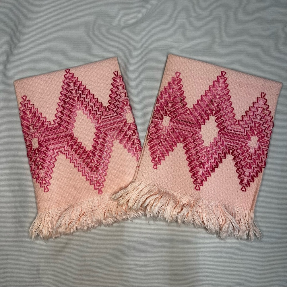 Vintage Set Huck Hand Guest Towel Embroidered Swedish Weaving Pink 13.5x16